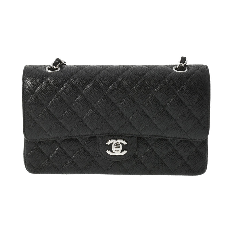 CHANEL シャネル マトラッセ ダブルフラップ チェーンショルダー 25.5 黒 シルバー金具 レディース キャビアスキン ショルダーバッグ 新品 銀蔵