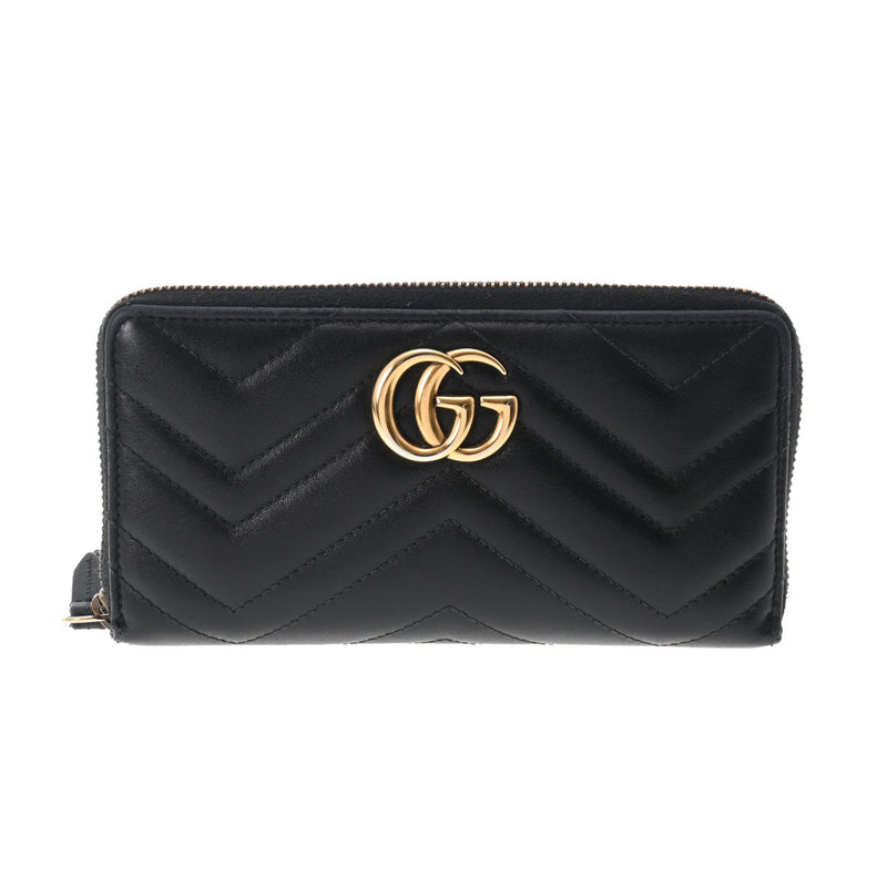 GUCCI グッチ GGマーモント ラウンドジップウォレット ブラック ゴールド金具 443123 レディース レザー 長財布 Bランク 中古 銀蔵