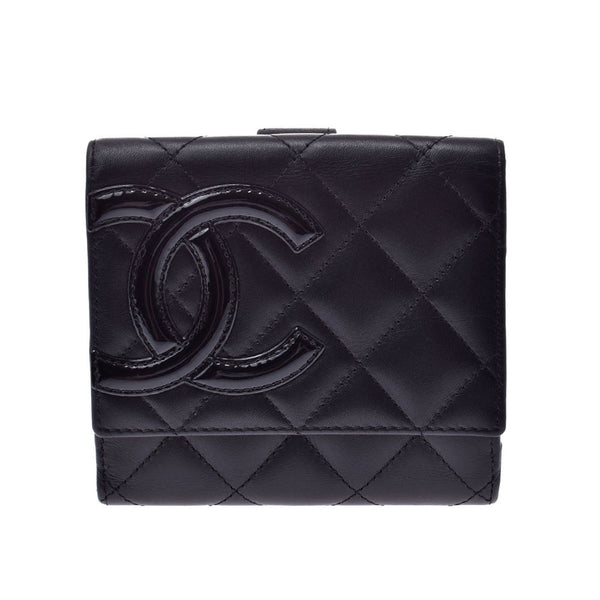 CHANEL Cambon Line Black Ladies Lambskin Bi-fold Wallet Used