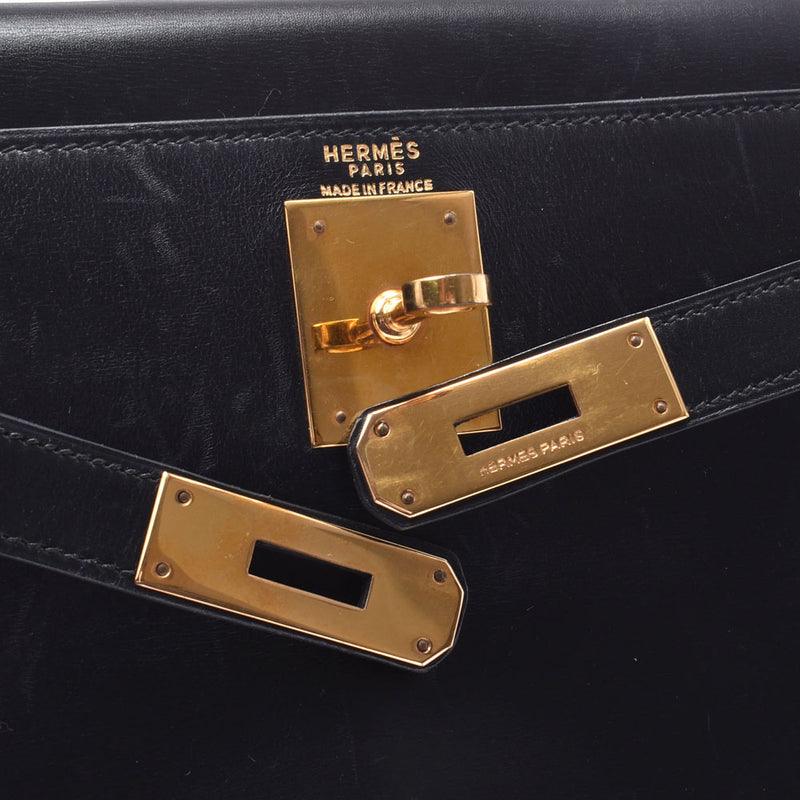 HERMES Hermes Kelly 28 black gold metal ○H stamped (circa 1978) women'S BOX calf handbag B rank used silver