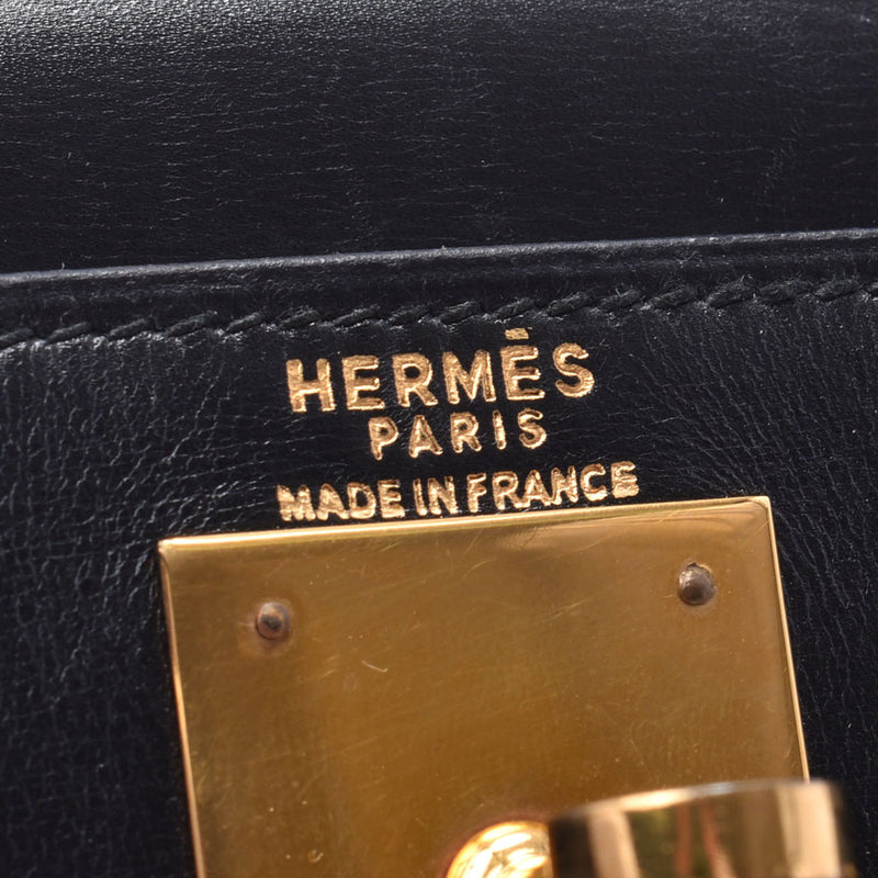 HERMES Hermes Kelly 28 black gold metal ○H stamped (circa 1978) women'S BOX calf handbag B rank used silver