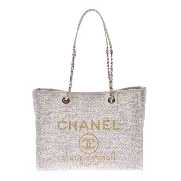CHANEL Chanel Deauville chain bag white Lady's tweed tote bag-free silver storehouse