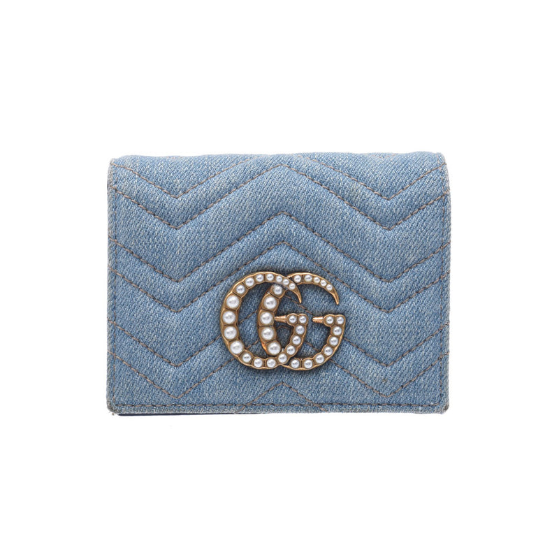 GUCCI Gucci GG Mermont Compact Wallet Blue 466492 Women's Denim / Faux Pearl Two Folded Wallets B Rank Used Silgrin