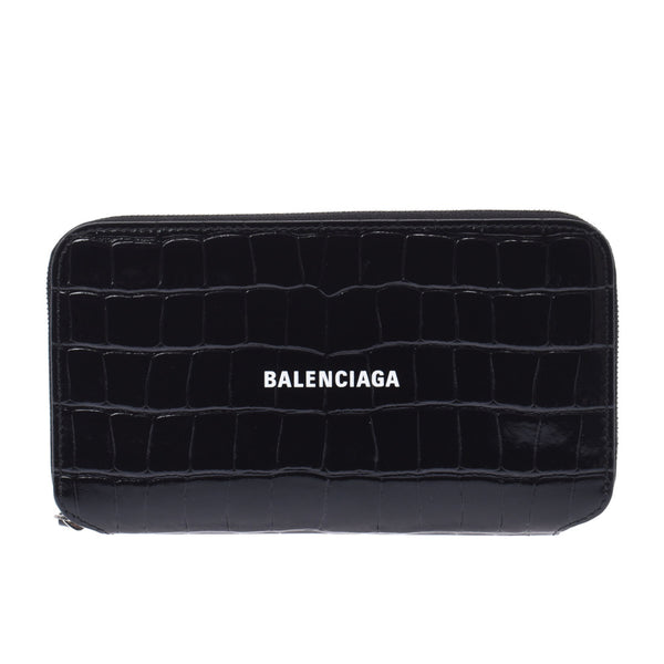 Balenciaga Valenciaga Round Fastener Long Wallet Black 594290 Unisex Croco-type push-long wallet AB rank used Silgrin