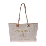 Chanel Chanel Deauville连锁店米色黄金支架女式帆布手提包B等级使用水池