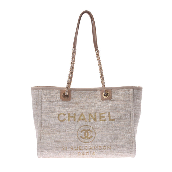 Chanel Chanel Deauville Chain Tote Beige Gold Bracket Women's Canvas Tote Bag B Rank Used Sinkjo