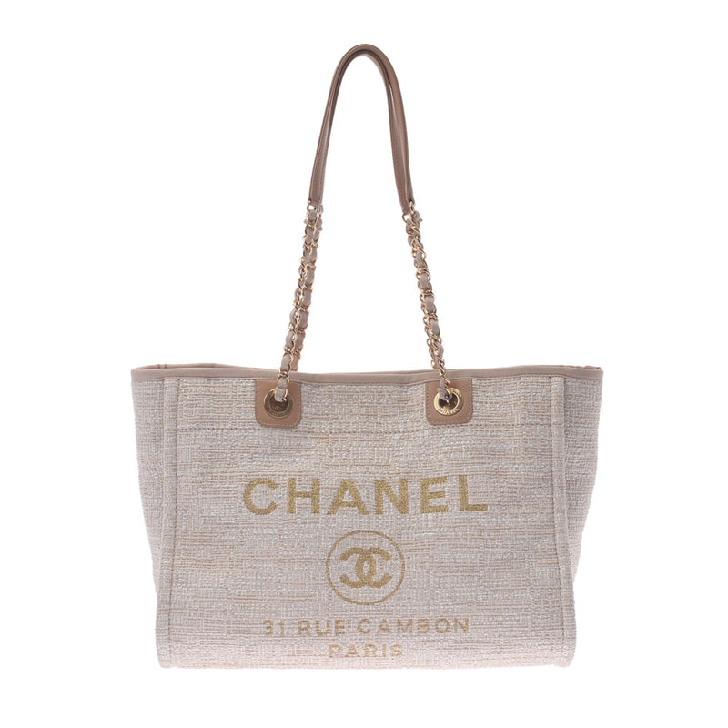 Chanel Chanel Deauville连锁店米色黄金支架女式帆布手提包B等级使用水池