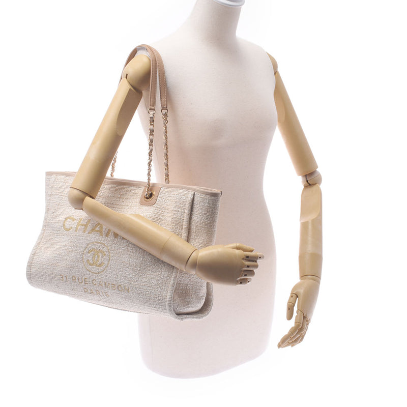 Chanel Deauville Chain Tote Beige Gold Bracket Ladies Canvas Tote