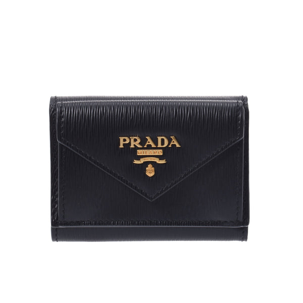 PRADA Prada Compact Wallet Outlet Black Gold Bracket 1 MH021 Unisex Leather Three-fold wallet Unused Silgrin