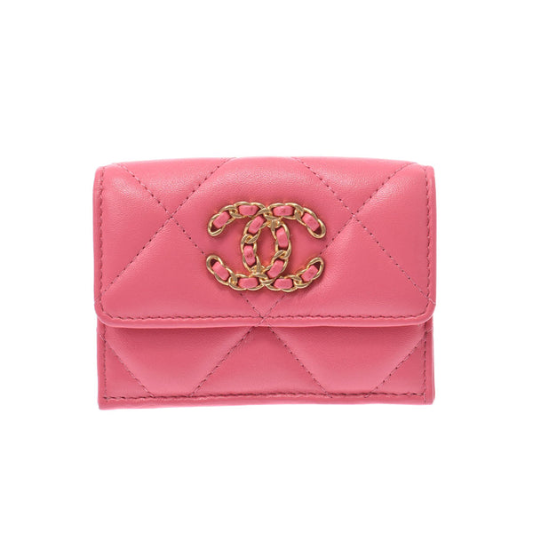 CHANEL Chanel Matrasse Small Flap Wallet Chanel 19 Pink Gold Bracket Ladies Lambskin Three Fold Wallet A Rank Used Ginzo