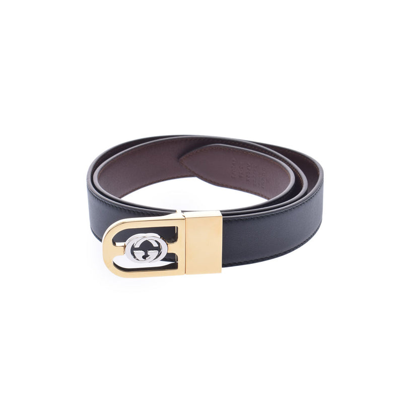 GUCCI Gucci Interlocking G Reversible Black/Tea Gold Bracket 547734 Men's Leather Belt AB Rank Used Ginzo