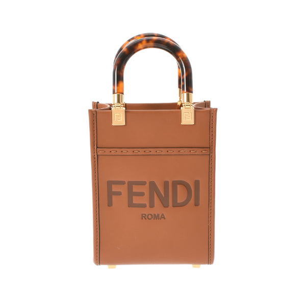 FENDI Fendi Sunshine Shopper Small Tote Brown 8BS051 Unisex Leather Shoulder Bag Unused Ginzo