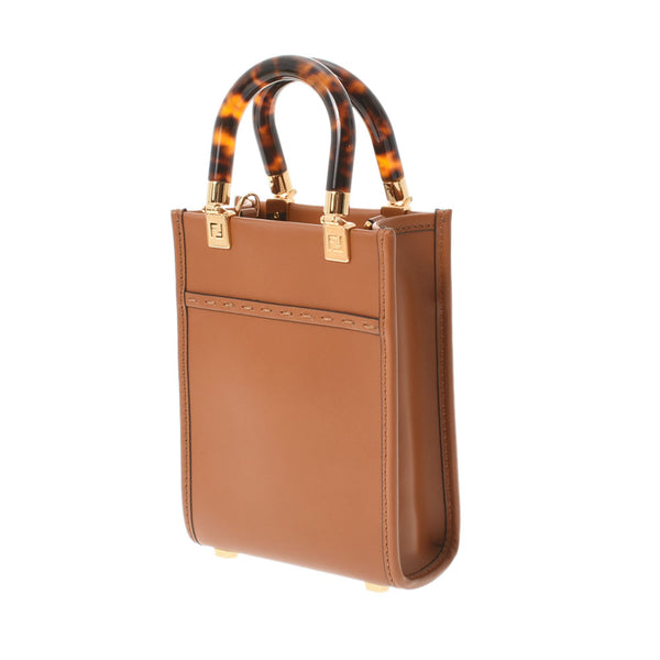 FENDI Fendi Sunshine Shopper Small Tote Brown 8BS051 Unisex Leather Shoulder Bag Unused Ginzo