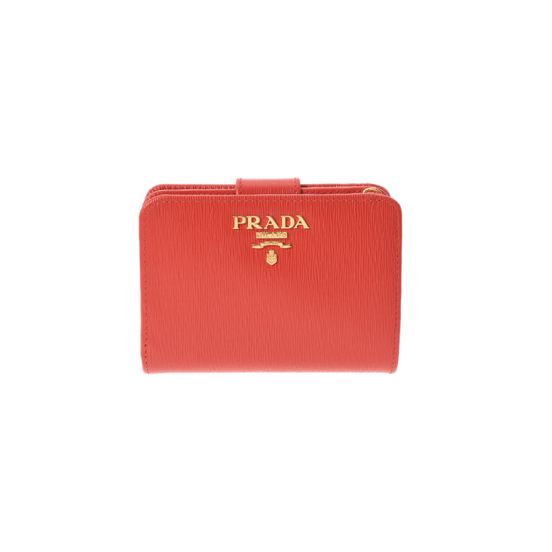 PRADA Prada Red Gold Bracket 1mL018 Ladies Calf Bi -fold Wallet Unused Ginzo
