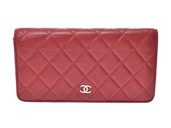 Chanel matelasse fastener long wallet red SV metal fittings Lady's lambskin AB rank CHANEL used silver storehouse