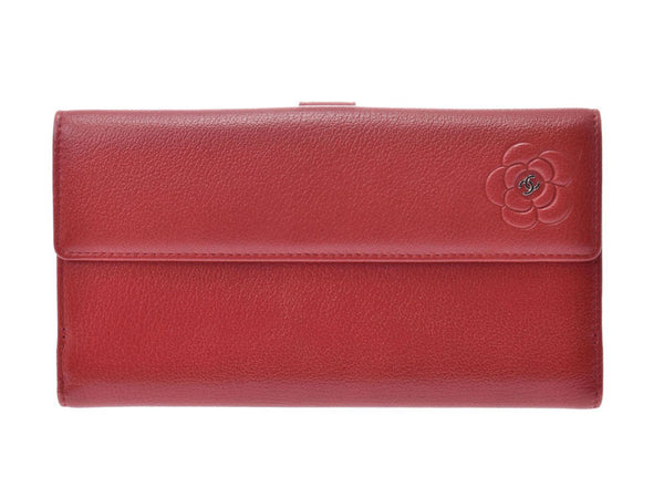 CHANEL CAMERIA W Hook Long Wallet Red Ladies Calf AB Rank CHANEL Box Used Ginzo