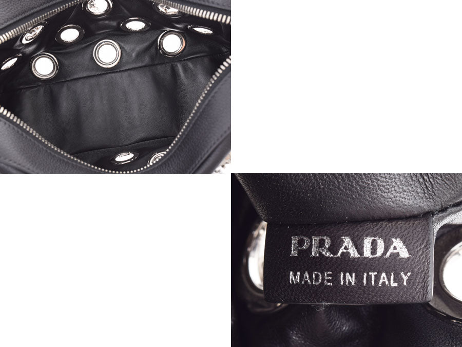 プラダ チェーンハンドバッグ パンチング アウトレット 黒 SV金具 レディース メンズ レザー 新同 美品 PRADA ポーチ ギャラ 中 –  銀蔵オンライン