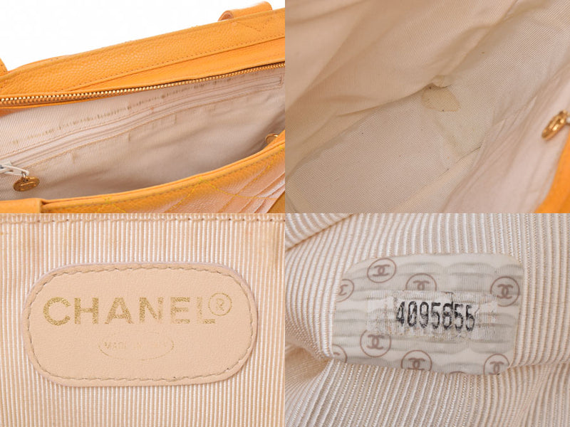 Chanel Tote Bag Yellow G Metallic Ladies Caviar Skin B Rank CHANEL Used Ginzo