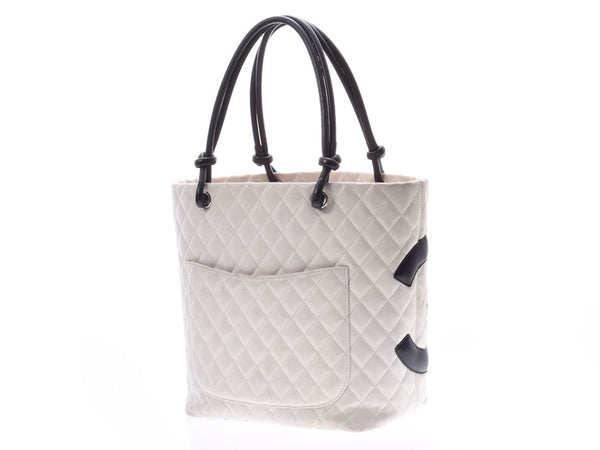 Chanel Cambon Line Large Tote Bag White/Black Ladies Lambskin AB Rank CHANEL Used Ginzo