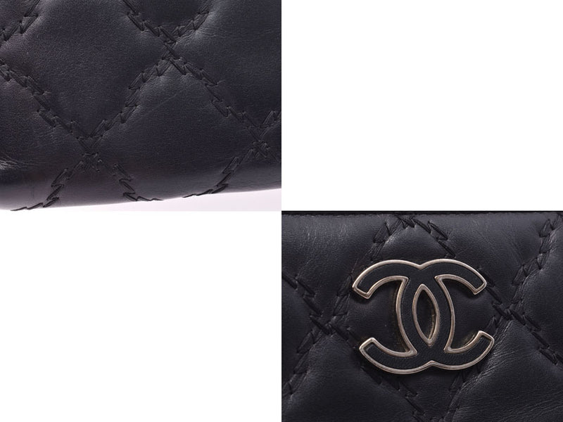 Chanel ultra stitch round fastener long wallet black SV metal fittings Lady's lambskin B rank CHANEL box used silver storehouse
