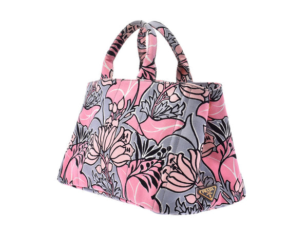 Prada Kanapa Pink Floral Pattern B2642B Women's Canvas 2WAY Tote Bag AB Rank PRADA Sky Gala Strap With Used Ginzo