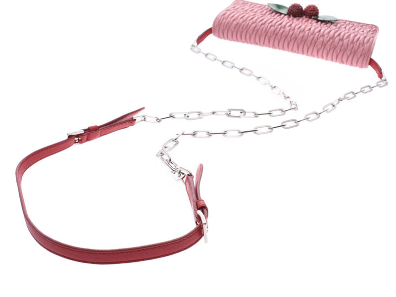 Miu Miu Nappa Crystal Chain Wallet Pink SV Metal Fittings 5MT290 Women's Lambskin AB Rank MIUMIU Box Gala Used Ginzo