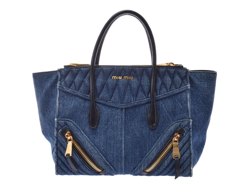 Miu Miu Biker 2WAY Handbag Blue RN1031 Ladies Denim B Rank MIUMIU Strap with Gala Used Ginzo