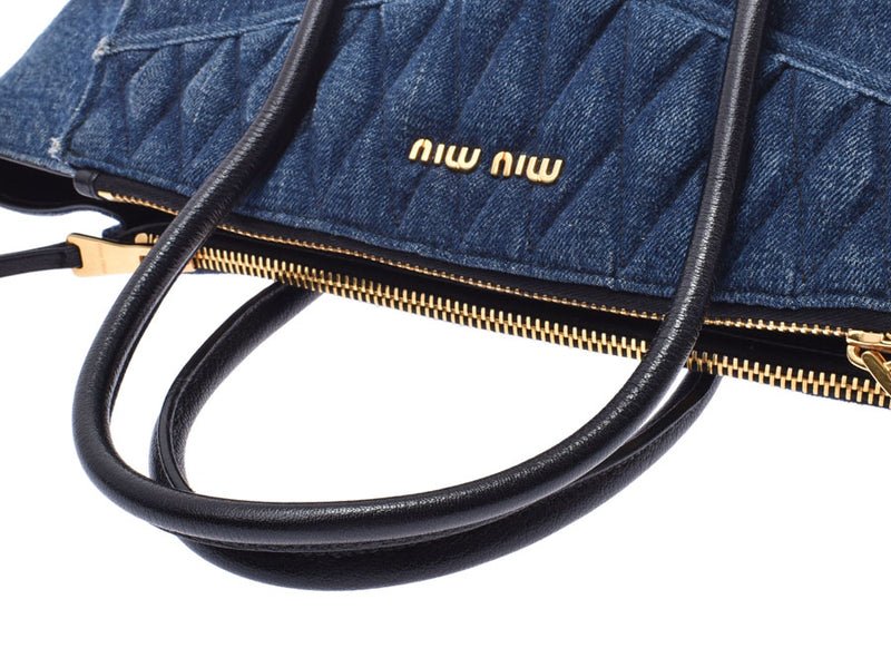 Miu Miu Biker 2WAY手提包蓝色RN1031女士牛仔布B级MIUMIU表带，配以晚装二手Ginzo
