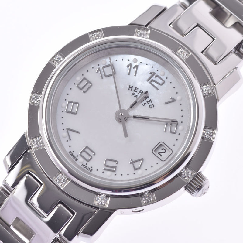 HERMES Hermes clipper 12P bezel diamond CL4.230 Lady's SS watch quartz white shell clockface A rank used silver storehouse