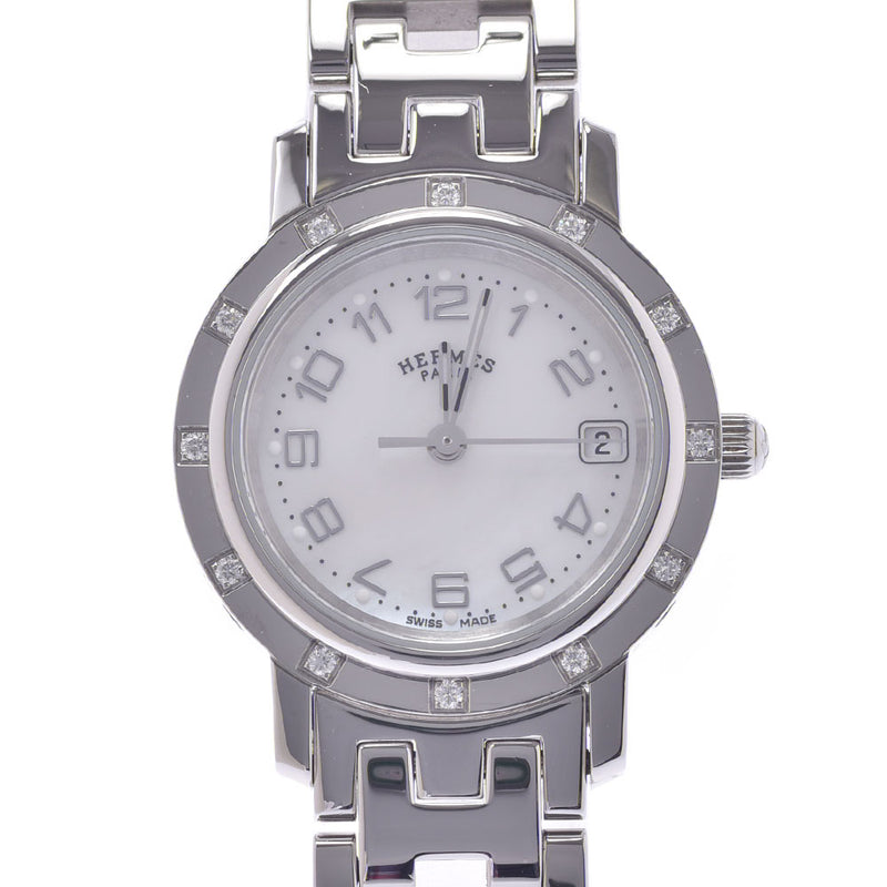 HERMES Hermes clipper 12P bezel diamond CL4.230 Lady's SS watch quartz white shell clockface A rank used silver storehouse