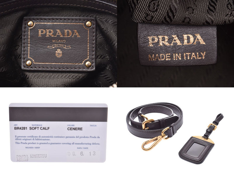 Prada 2WAY Handbag Dark Grey GP Metal Fittings BR4281 Women's Calf B Rank PRADA Galla Strap Used Ginzo