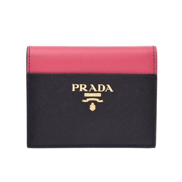 PRADA塑料小钱包双色黑色/粉色女士萨菲阿诺/卡夫双折钱包1MV 204二手