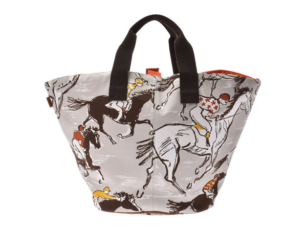 Hermes Panied Plage Gray system horse pattern ladies' men's canvas tote bag A rank HERMES with pouch used silver warehouse
