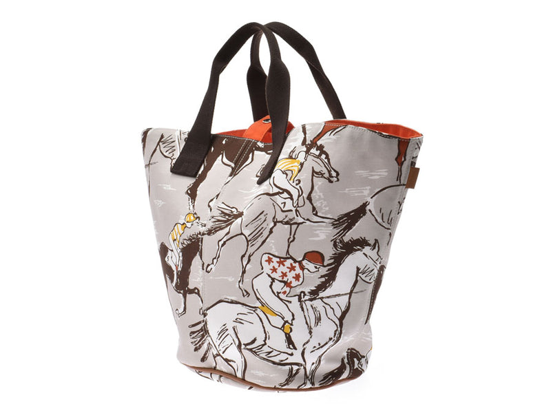 Hermes Panied Plage Gray system horse pattern ladies' men's canvas tote bag A rank HERMES with pouch used silver warehouse