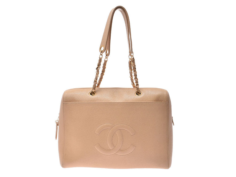 Chanel matelasse chain tote bag beige G metal fittings Lady's caviar skin B rank CHANEL guarantee used silver storehouse