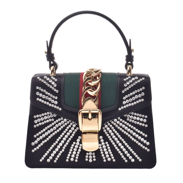 GUCCI Gucci Sylvie手提包,黑色x绿色/红色金色工具,470270女士,缎子,2WAY袋,未使用的银器