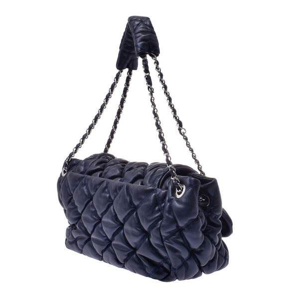 CHANEL Bubble Quilt Chain Shoulder Bag Navy Silver Hardware Ladies Lambskin Shoulder Bag Used