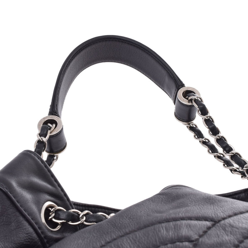 Chanel drawstring shoulder bag black silver hardware ladies