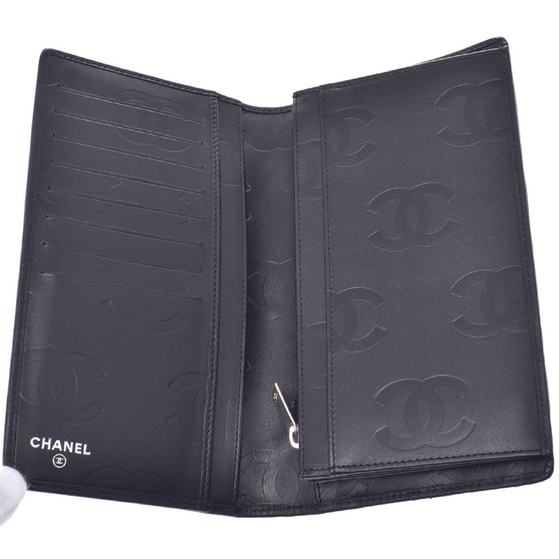 Two CHANEL Kan Chanel Bonn lines fold long wallet black / black Lady's leather / enamel long wallet AB rank used silver storehouse