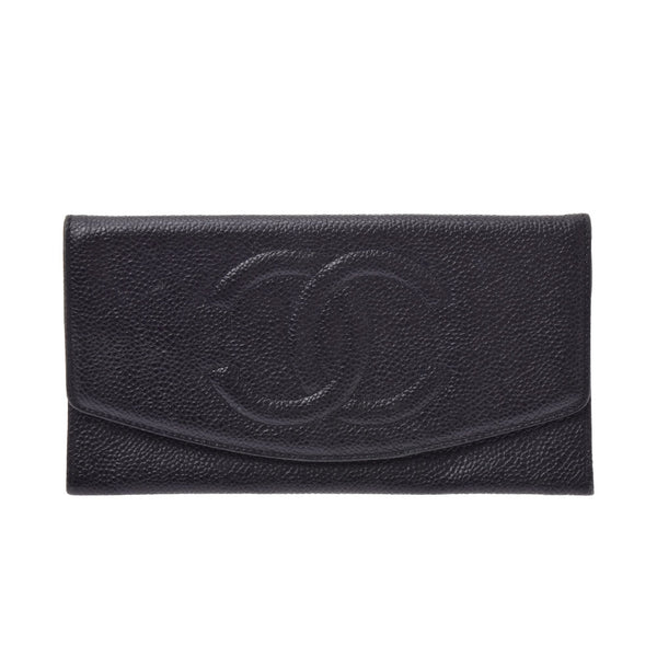 CHANEL Coco Mark Zipper Wallet Black Unisex Caviar Skin Wallet B Rank Used Ginzo