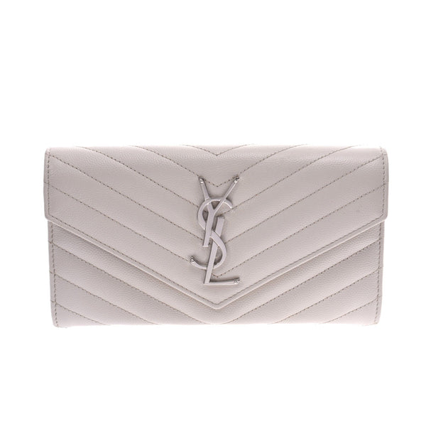SAINT LAURENT Saint-Laurent flap wallet ivory system silver metal fittings Lady's type push leather long wallet AB rank used silver storehouse
