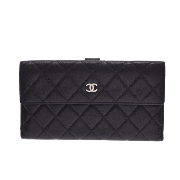 CHANEL Chanel Matrasse, two-sided long wallet, black silver goldenware, ladies, caviar skin, long wallet B rank, used silverware