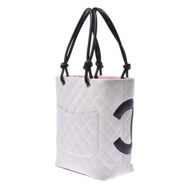 CHANEL Cambon Line Small White/Black Ladies Lambskin Tote Bag Rank B Used Ginzo