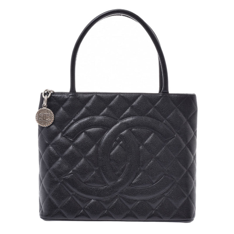 CHANEL Reprint Tote Black Silver Hardware Ladies Caviar Skin Tote Bag AB Rank Used Ginzo