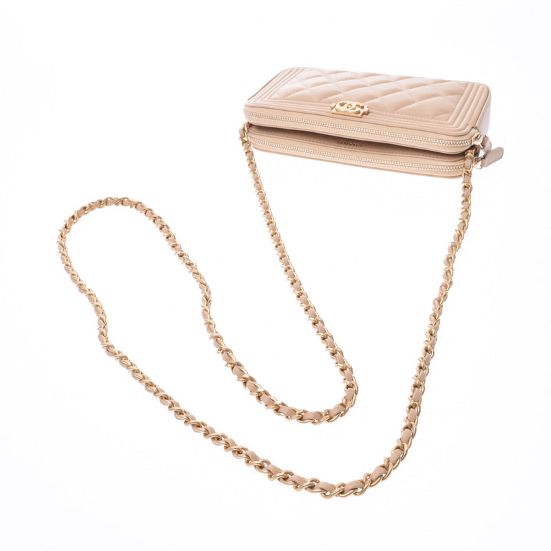 CHANEL Chanel Boy Chanel Clutch Bag Beige Gold Hardware Ladies Lambskin Chain Wallet Unused Ginzo