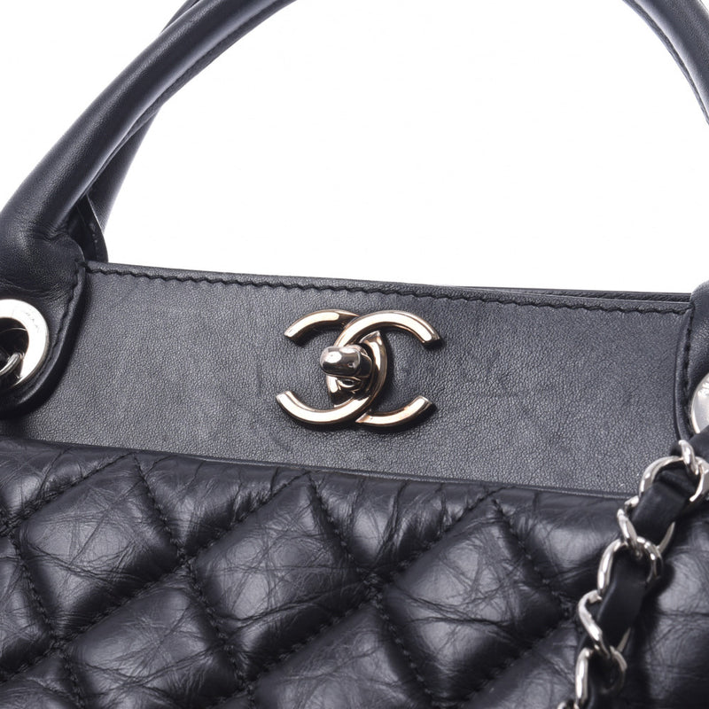 CHANEL Mattelasse 2WAY Bag Black Silver Metallic Ladies Calf Handbag B Rank Used Ginzo