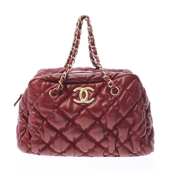 CHANEL Chanel bubble quilt chain bag red brown gold hardware women's scarf handbag a-rank second-hand silver