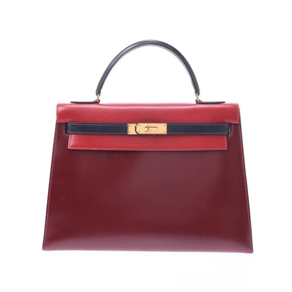 HERMES Hermes Kelly 32 Outer Sewing Tricorol Red / Bordeaux - Navy Gold Fittings O Engraved (c. 1985) Women's BOX Calf Handbag B Rank Used Ginzo