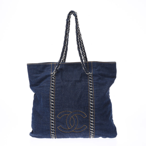 CHANEL CHANEL Luxury Line Tote Bag Blue Silver Metal Fittings Women's Denim Handbag AB Rank Used Ginzo