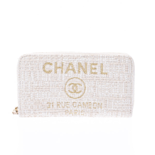 CHANEL シャネル ドーヴィル スモール ラウンドファスナー長財布 ベージュ/ゴールド レディース キャンバス 長財布 ABランク 中古 銀蔵